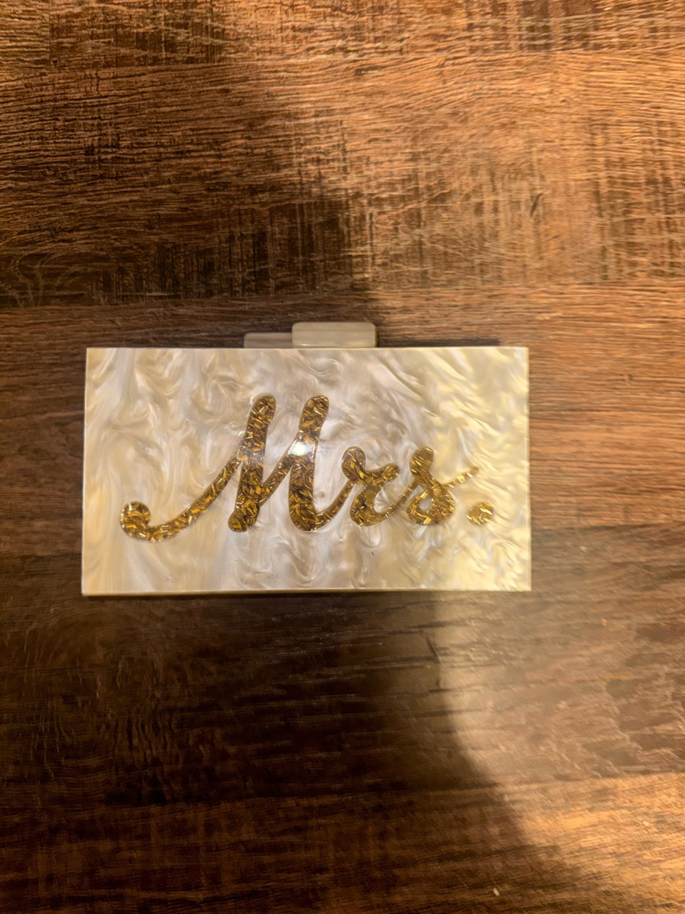 Ivory Pearl Acrylic Clutch with Gold Script